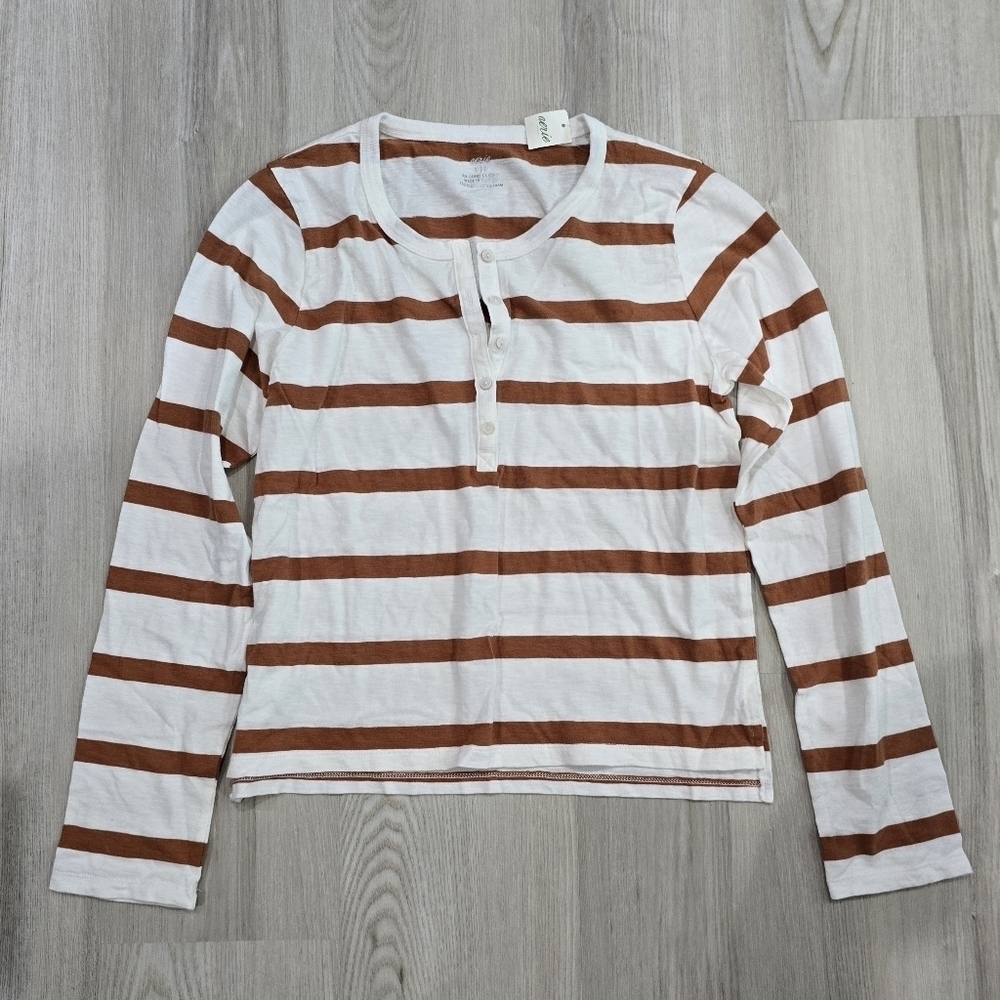 Aerie Striped Henley Long Sleeve Top NWT